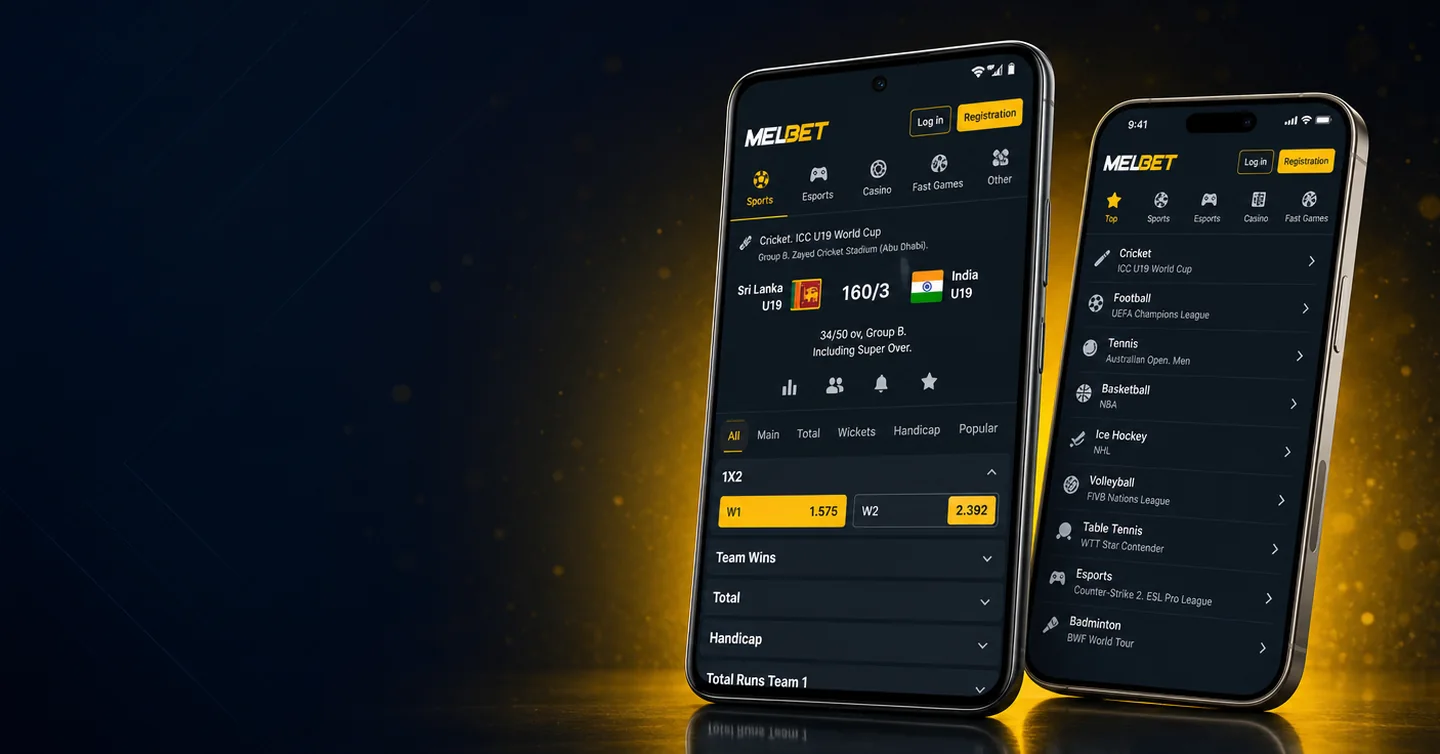 Melbet app India for Android and iOS showing live cricket betting odds