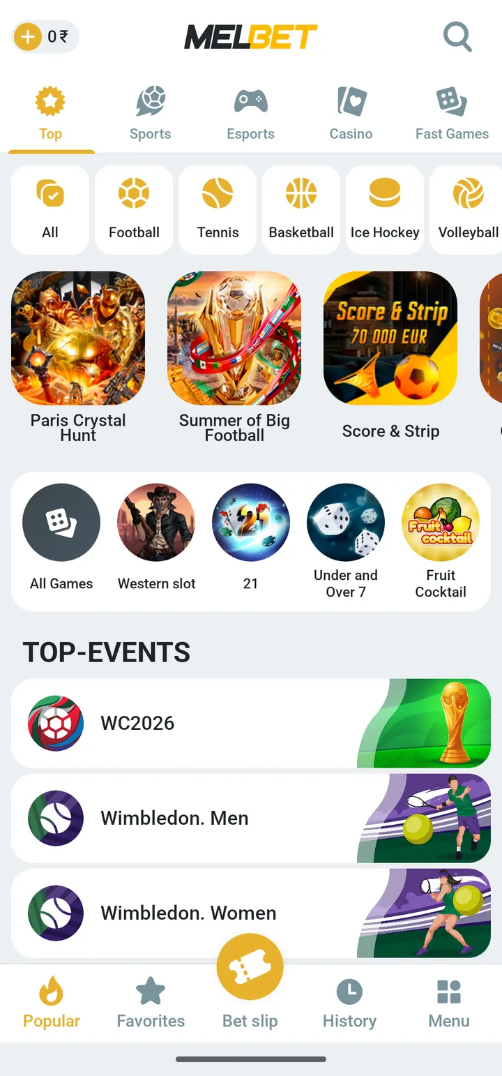 Melbet app India home screen with sports and casino sections